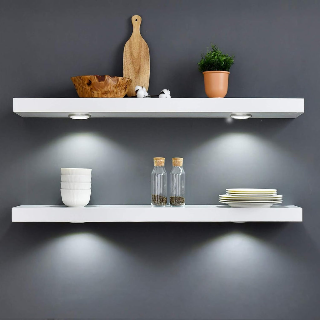 White 48-Inch Floating Shelf with Touch-Sensing LED Light - Wall-Mounted Display for Entrance, Living Room, Bedroom, Kitchen, and Bathroom