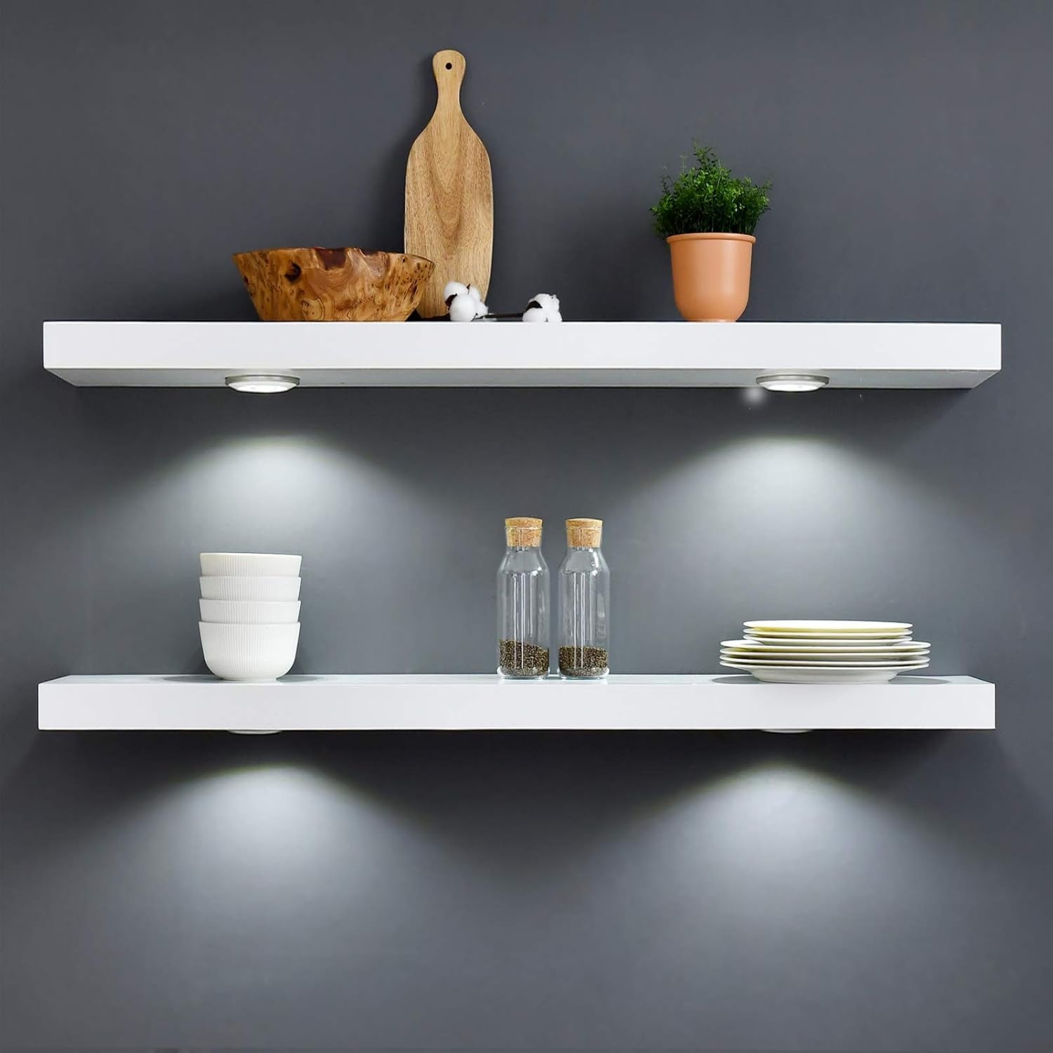 White 48-Inch Floating Shelf with Touch-Sensing LED Light - Wall-Mounted Display for Entrance, Living Room, Bedroom, Kitchen, and Bathroom