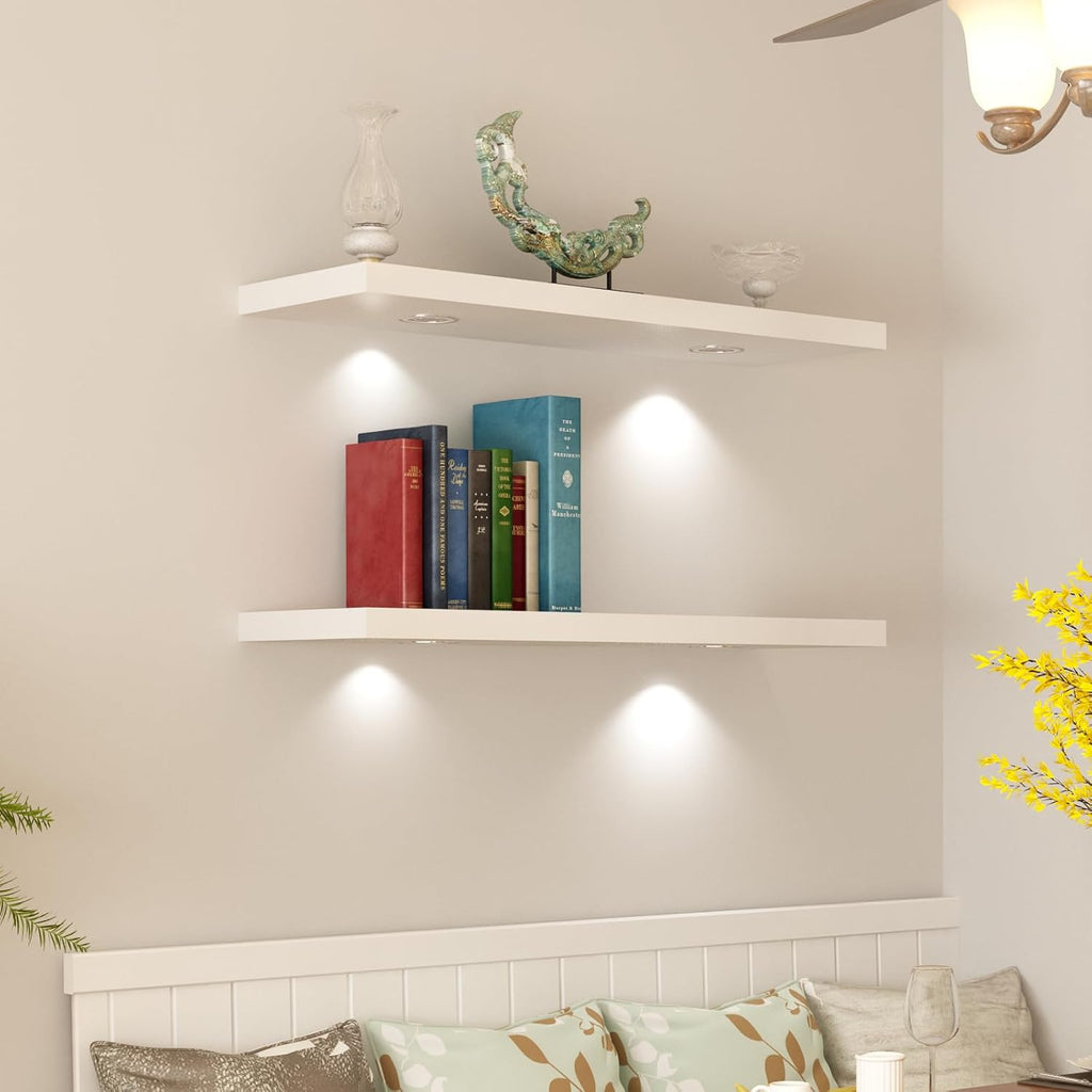 White 48-Inch Floating Shelf with Touch-Sensing LED Light - Wall-Mounted Display for Entrance, Living Room, Bedroom, Kitchen, and Bathroom