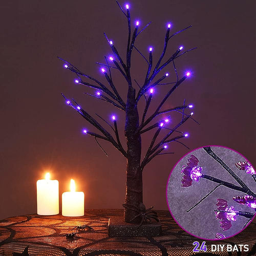 24-LED Illuminated Halloween Birch Tree with 24 DIY Bat Decorations - Battery Operated Indoor Tabletop Display and Gift Package