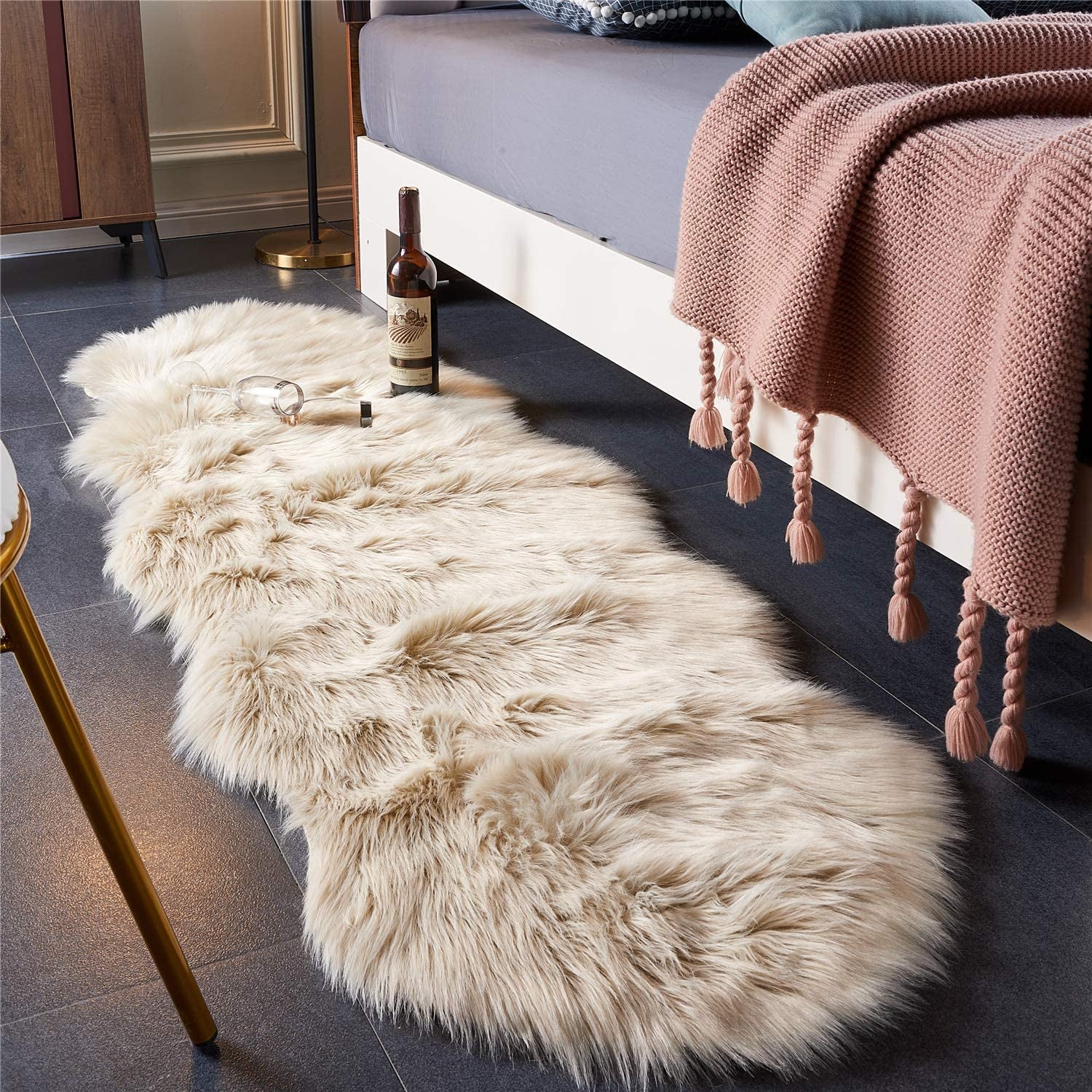 Ultra Soft Faux Fur Shag Area Rug and Chair Cover Seat Pad for Bedroom and Living Room (2 x 6 Ft, Beige)