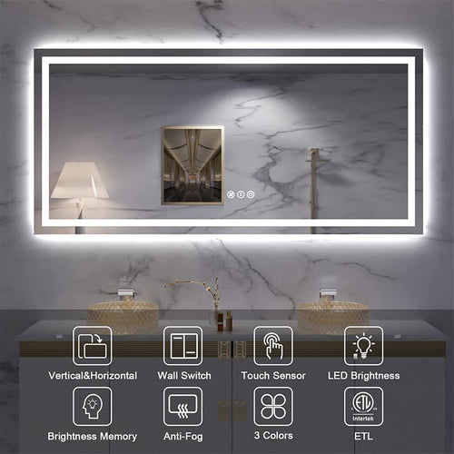 LED Bathroom Mirror 60" x 28" with Front Lighting and Backlit Features | Stepless Dimmable, Anti-Fog, Shatter-Proof, HD Reflection, Memory Function, 3 Color Lighting Options, UL Listed (Horizontal/Vertical Orientation)