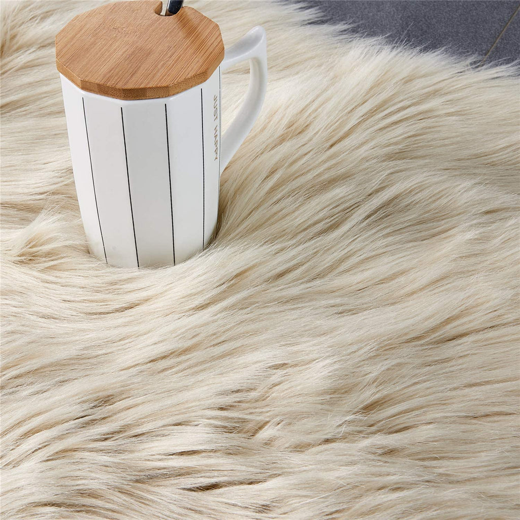 Ultra Soft Faux Fur Shag Area Rug and Chair Cover Seat Pad for Bedroom and Living Room (2 x 6 Ft, Beige)