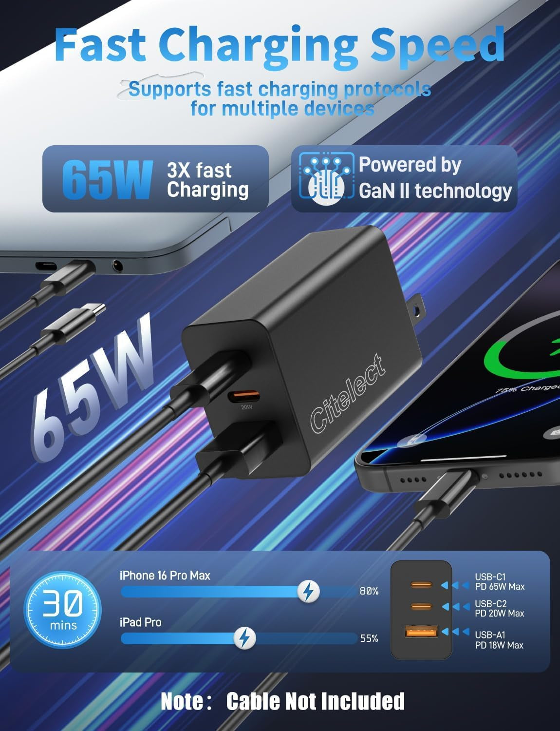 65W USB-C Charger Block - 3-Port Fast Charging Adapter for Samsung S26, MacBook Pro/Air, iPad, and iPhone 17/16 - Includes 2 USB-C Ports and 1 USB-A Port - 3-Pack