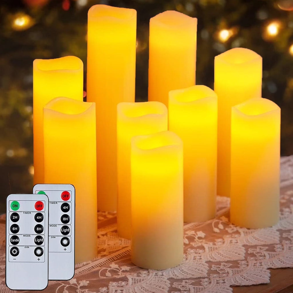 Flameless Pillar Candles with Remote Control - 9 Pack of Large Outdoor LED Battery-Operated Ivory Votive Flickering Lights