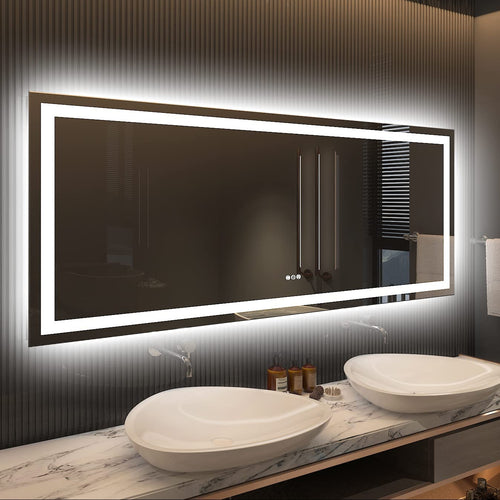 LED Bathroom Mirror 60" x 28" with Front Lighting and Backlit Features | Stepless Dimmable, Anti-Fog, Shatter-Proof, HD Reflection, Memory Function, 3 Color Lighting Options, UL Listed (Horizontal/Vertical Orientation)