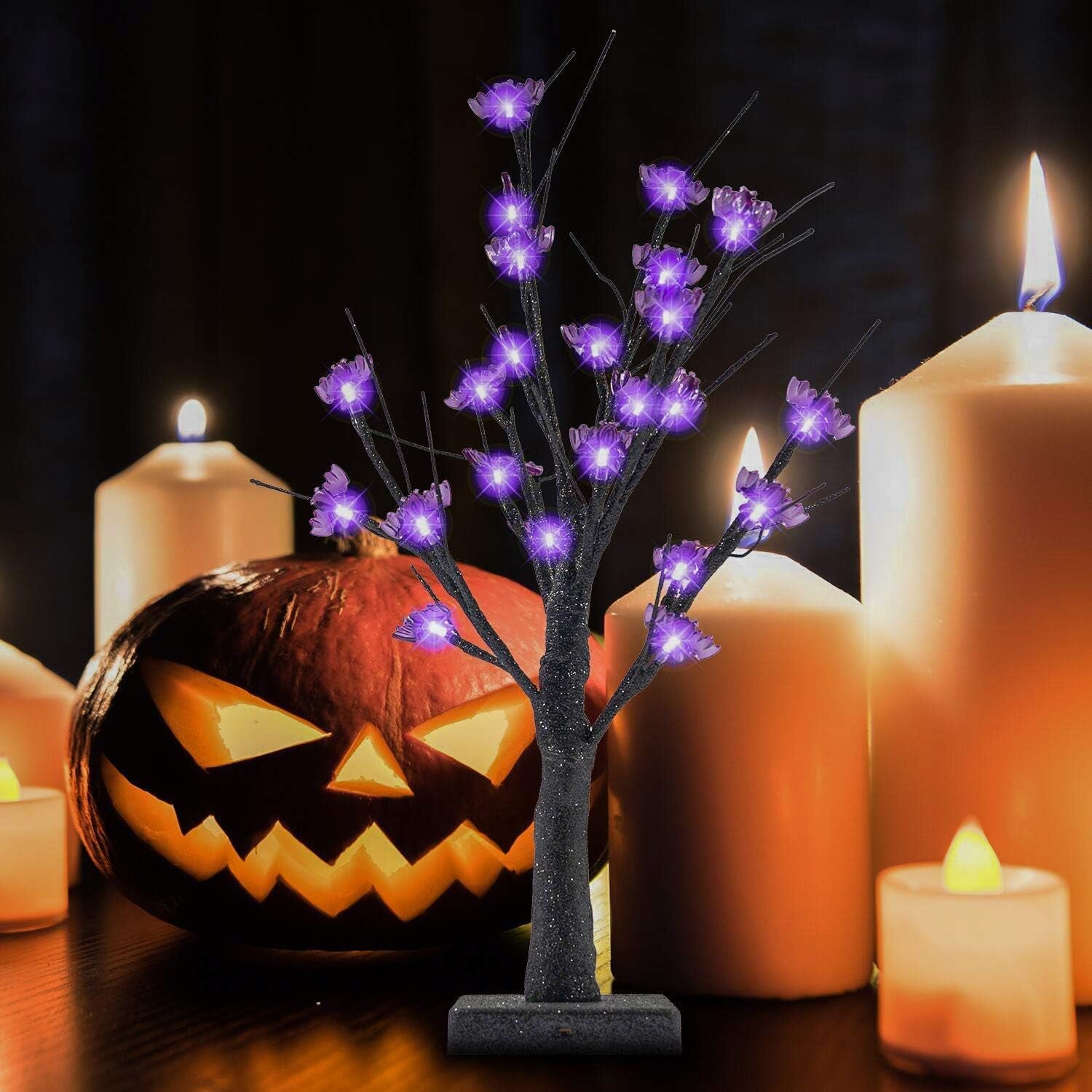 24-LED Illuminated Halloween Birch Tree with 24 DIY Bat Decorations - Battery Operated Indoor Tabletop Display and Gift Package