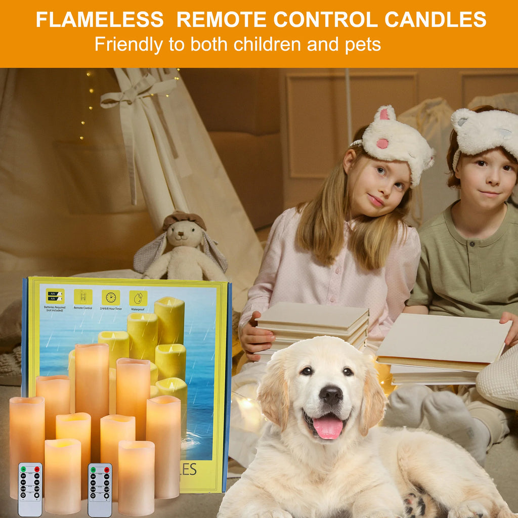 Flameless Pillar Candles with Remote Control - 9 Pack of Large Outdoor LED Battery-Operated Ivory Votive Flickering Lights