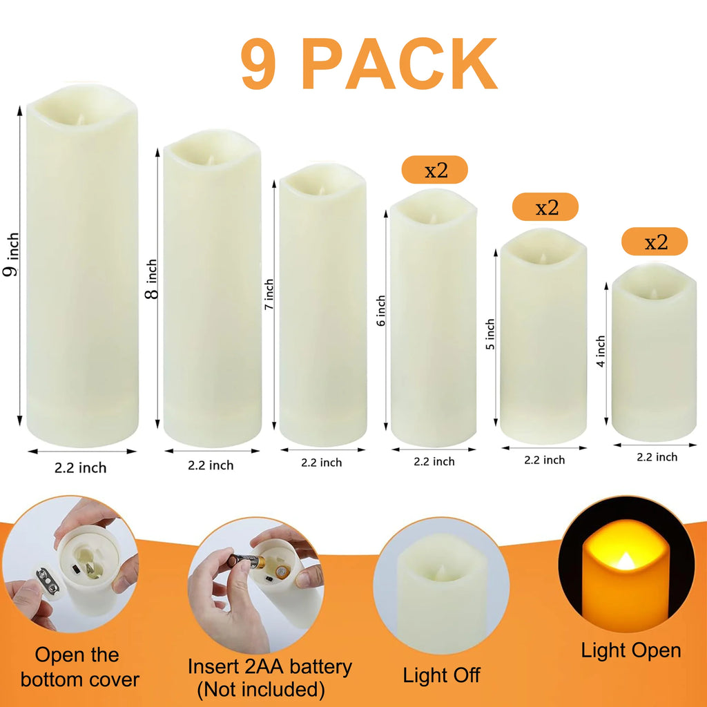 Flameless Pillar Candles with Remote Control - 9 Pack of Large Outdoor LED Battery-Operated Ivory Votive Flickering Lights