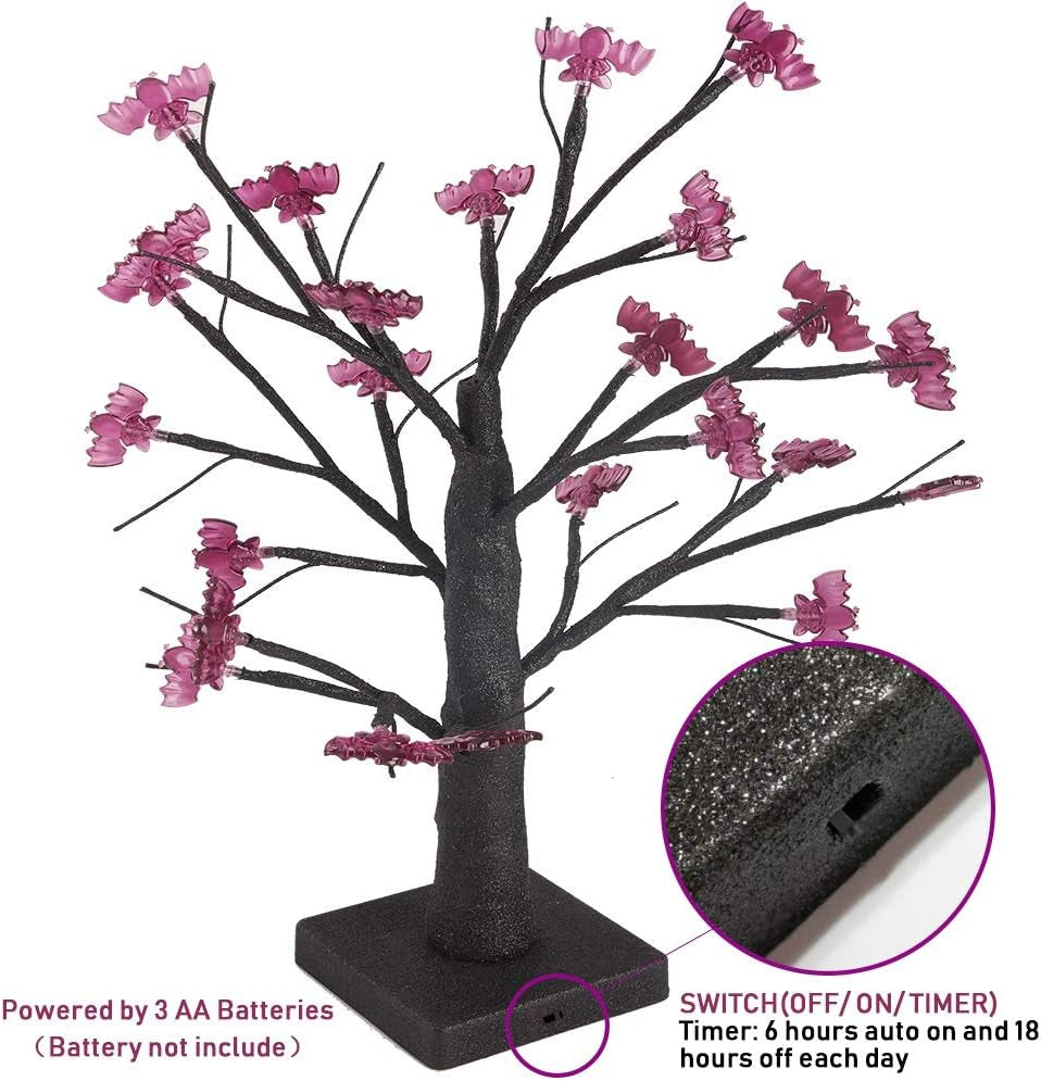 24-LED Illuminated Halloween Birch Tree with 24 DIY Bat Decorations - Battery Operated Indoor Tabletop Display and Gift Package
