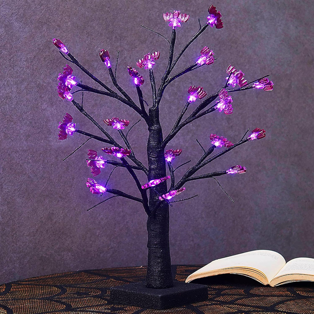 24-LED Illuminated Halloween Birch Tree with 24 DIY Bat Decorations - Battery Operated Indoor Tabletop Display and Gift Package
