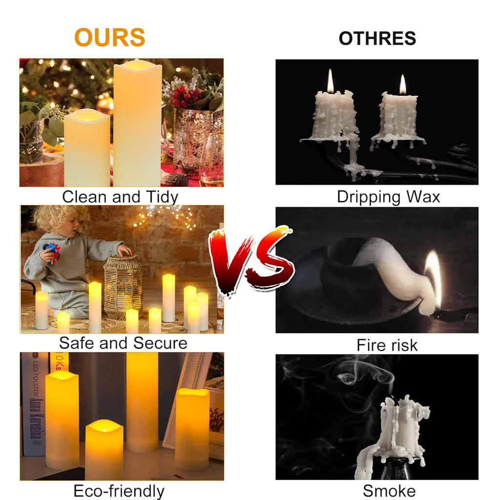 Flameless Pillar Candles with Remote Control - 9 Pack of Large Outdoor LED Battery-Operated Ivory Votive Flickering Lights