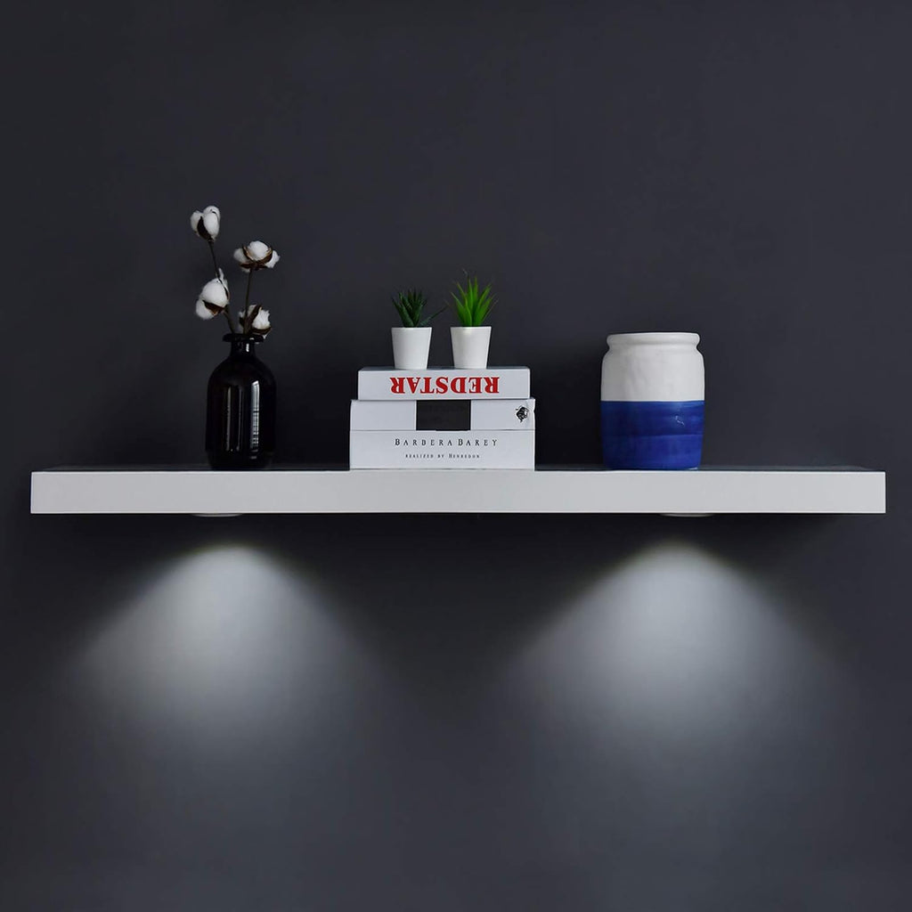 White 48-Inch Floating Shelf with Touch-Sensing LED Light - Wall-Mounted Display for Entrance, Living Room, Bedroom, Kitchen, and Bathroom