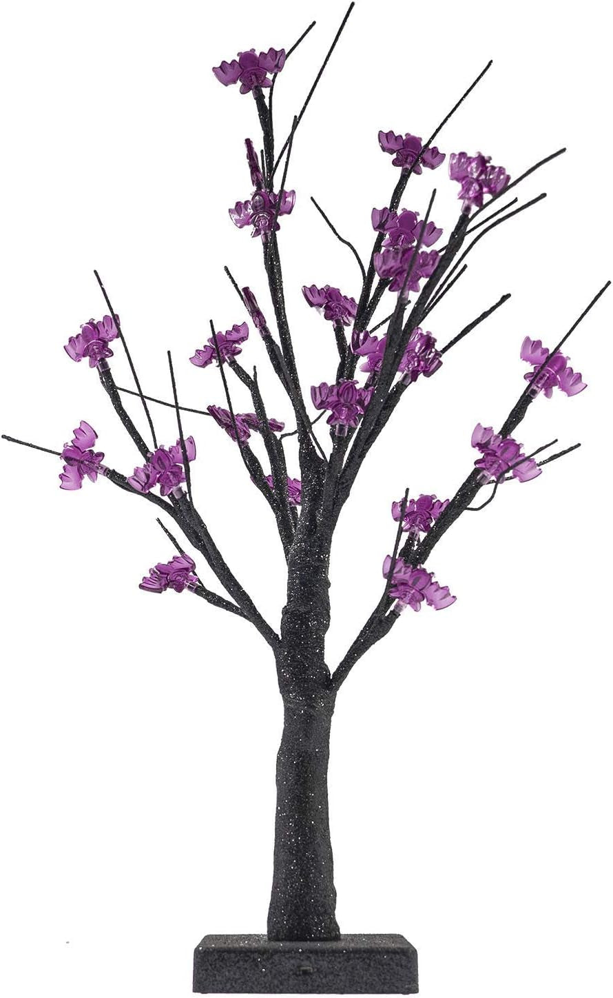 24-LED Illuminated Halloween Birch Tree with 24 DIY Bat Decorations - Battery Operated Indoor Tabletop Display and Gift Package