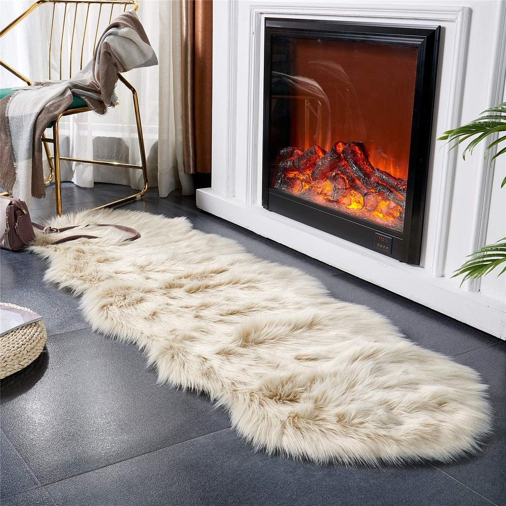 Ultra Soft Faux Fur Shag Area Rug and Chair Cover Seat Pad for Bedroom and Living Room (2 x 6 Ft, Beige)