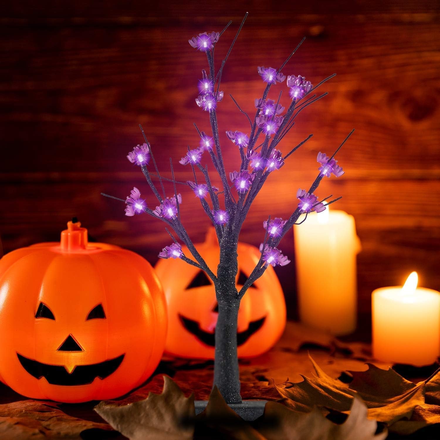 24-LED Illuminated Halloween Birch Tree with 24 DIY Bat Decorations - Battery Operated Indoor Tabletop Display and Gift Package