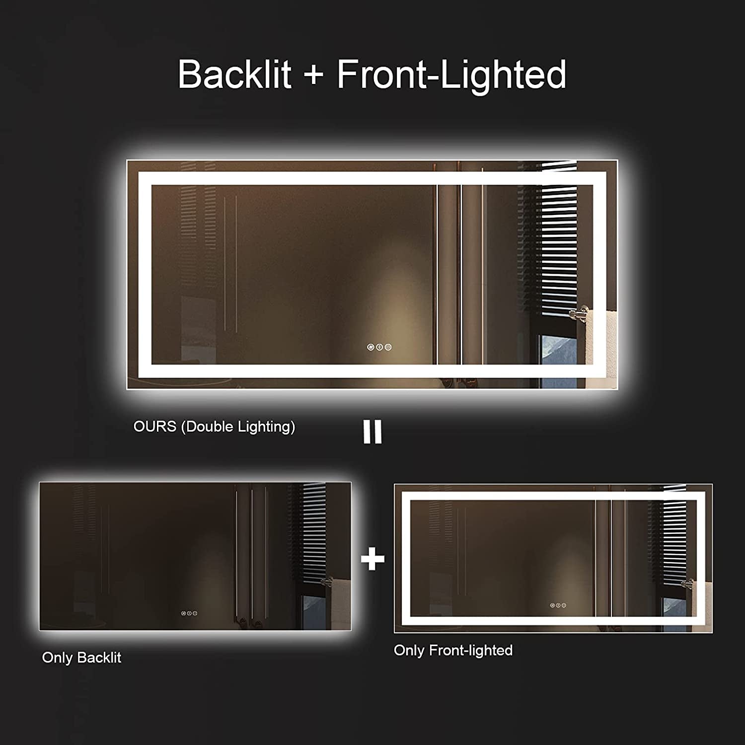 LED Bathroom Mirror 60" x 28" with Front Lighting and Backlit Features | Stepless Dimmable, Anti-Fog, Shatter-Proof, HD Reflection, Memory Function, 3 Color Lighting Options, UL Listed (Horizontal/Vertical Orientation)