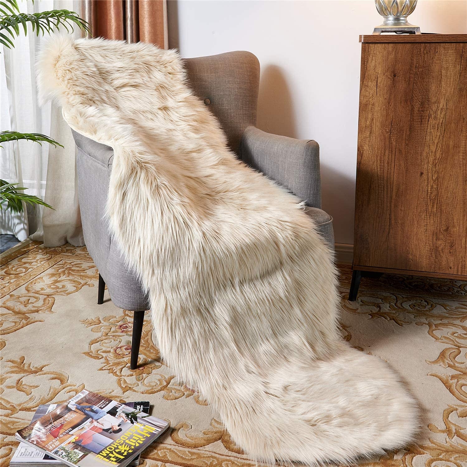 Ultra Soft Faux Fur Shag Area Rug and Chair Cover Seat Pad for Bedroom and Living Room (2 x 6 Ft, Beige)