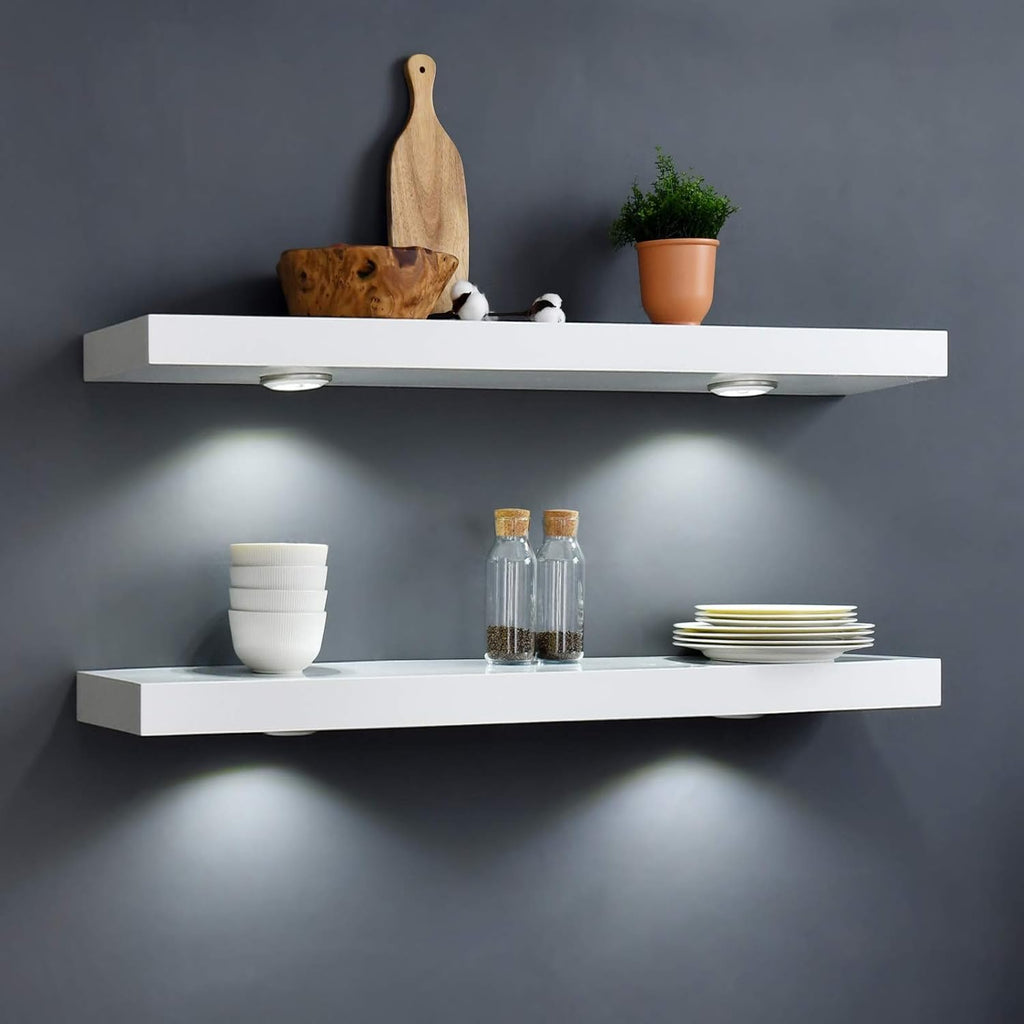White 48-Inch Floating Shelf with Touch-Sensing LED Light - Wall-Mounted Display for Entrance, Living Room, Bedroom, Kitchen, and Bathroom