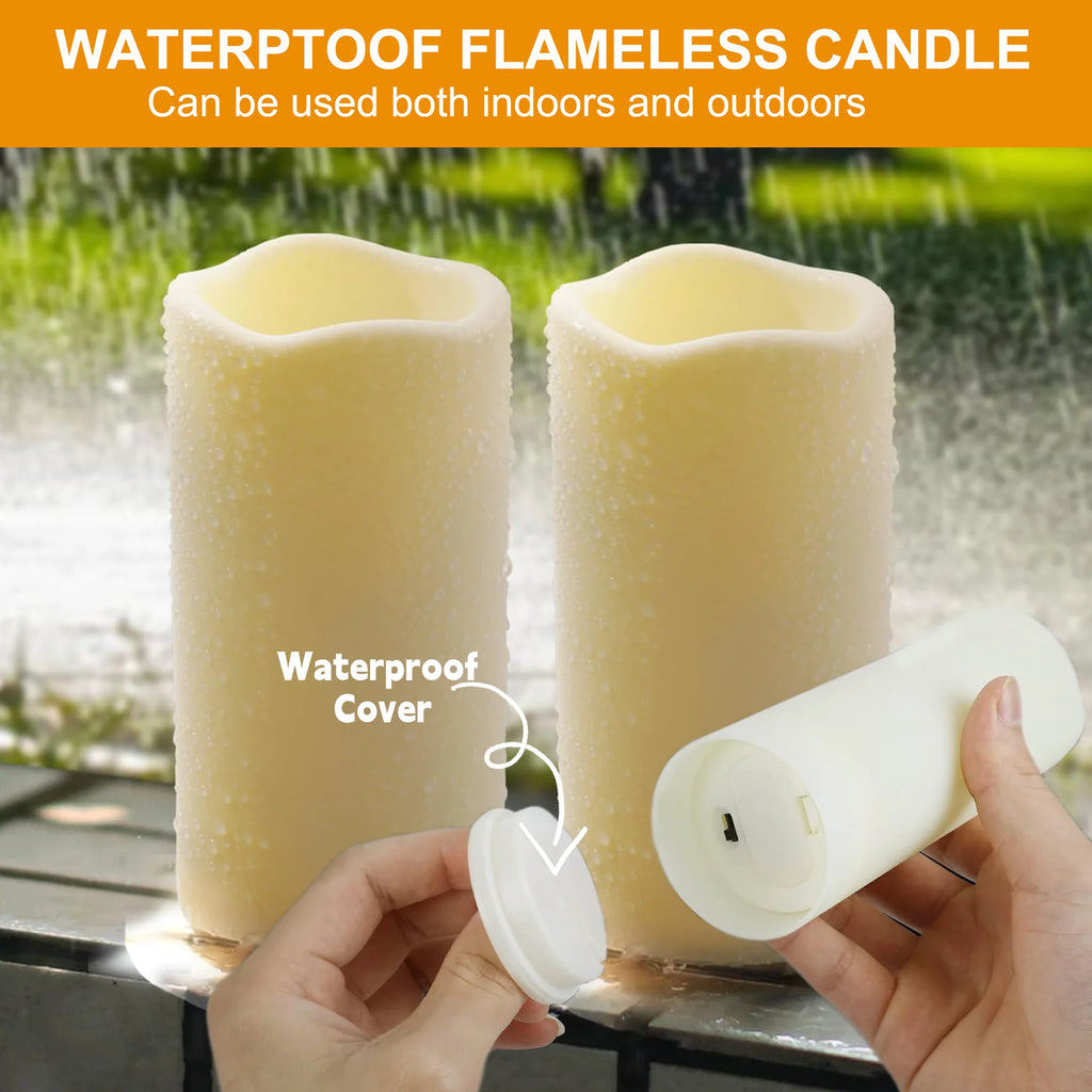 Flameless Pillar Candles with Remote Control - 9 Pack of Large Outdoor LED Battery-Operated Ivory Votive Flickering Lights