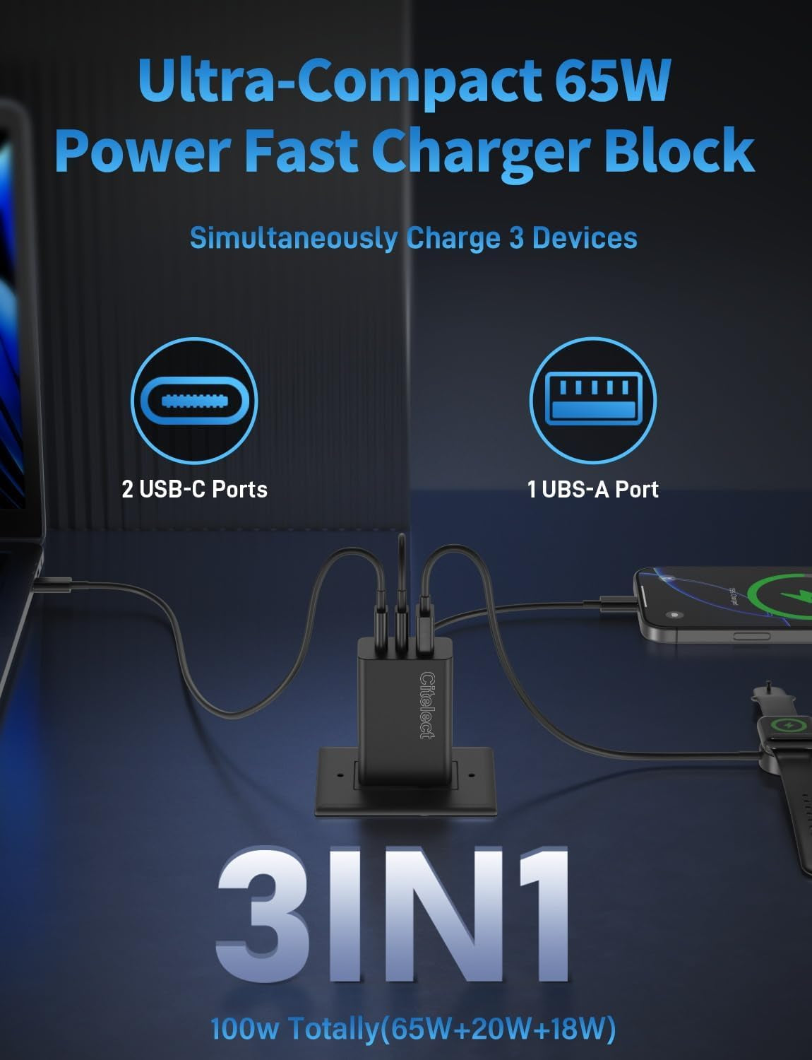 65W USB-C Charger Block - 3-Port Fast Charging Adapter for Samsung S26, MacBook Pro/Air, iPad, and iPhone 17/16 - Includes 2 USB-C Ports and 1 USB-A Port - 3-Pack