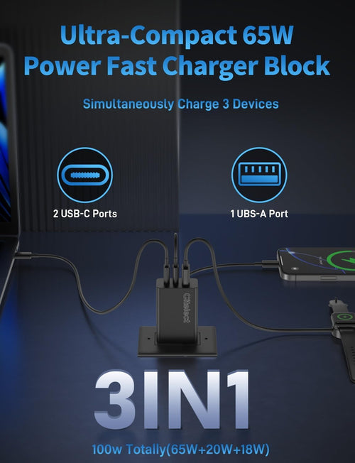 65W USB-C Charger Block - 3-Port Fast Charging Adapter for Samsung S26, MacBook Pro/Air, iPad, and iPhone 17/16 - Includes 2 USB-C Ports and 1 USB-A Port - 3-Pack