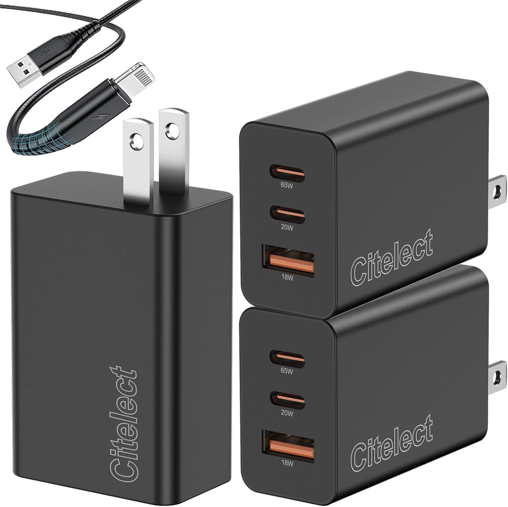 65W USB-C Charger Block - 3-Port Fast Charging Adapter for Samsung S26, MacBook Pro/Air, iPad, and iPhone 17/16 - Includes 2 USB-C Ports and 1 USB-A Port - 3-Pack