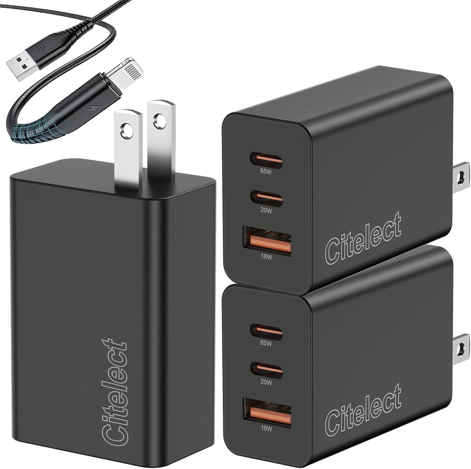 65W USB-C Charger Block - 3-Port Fast Charging Adapter for Samsung S26, MacBook Pro/Air, iPad, and iPhone 17/16 - Includes 2 USB-C Ports and 1 USB-A Port - 3-Pack